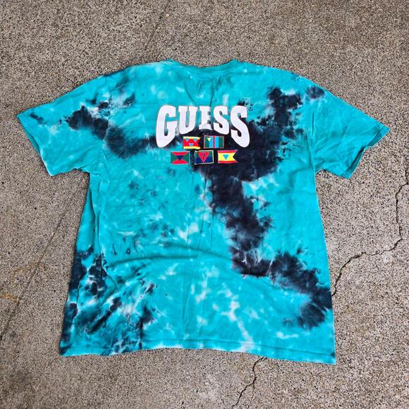 Vtg Y2k GUESS Sailing Flags Spellout Graphic Print Tie Dye T Shirt L - Picture 1 of 6